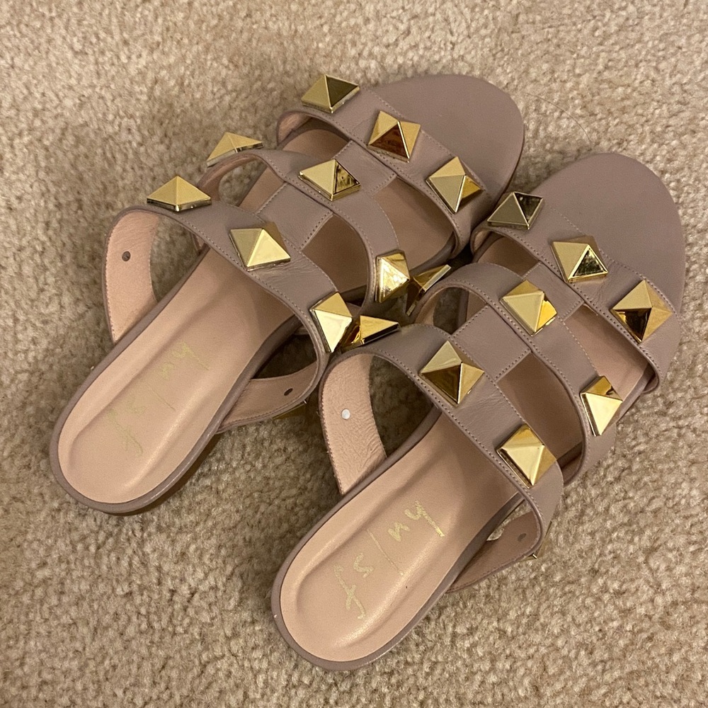 French Sole Taupe Sandals with Gold Studs